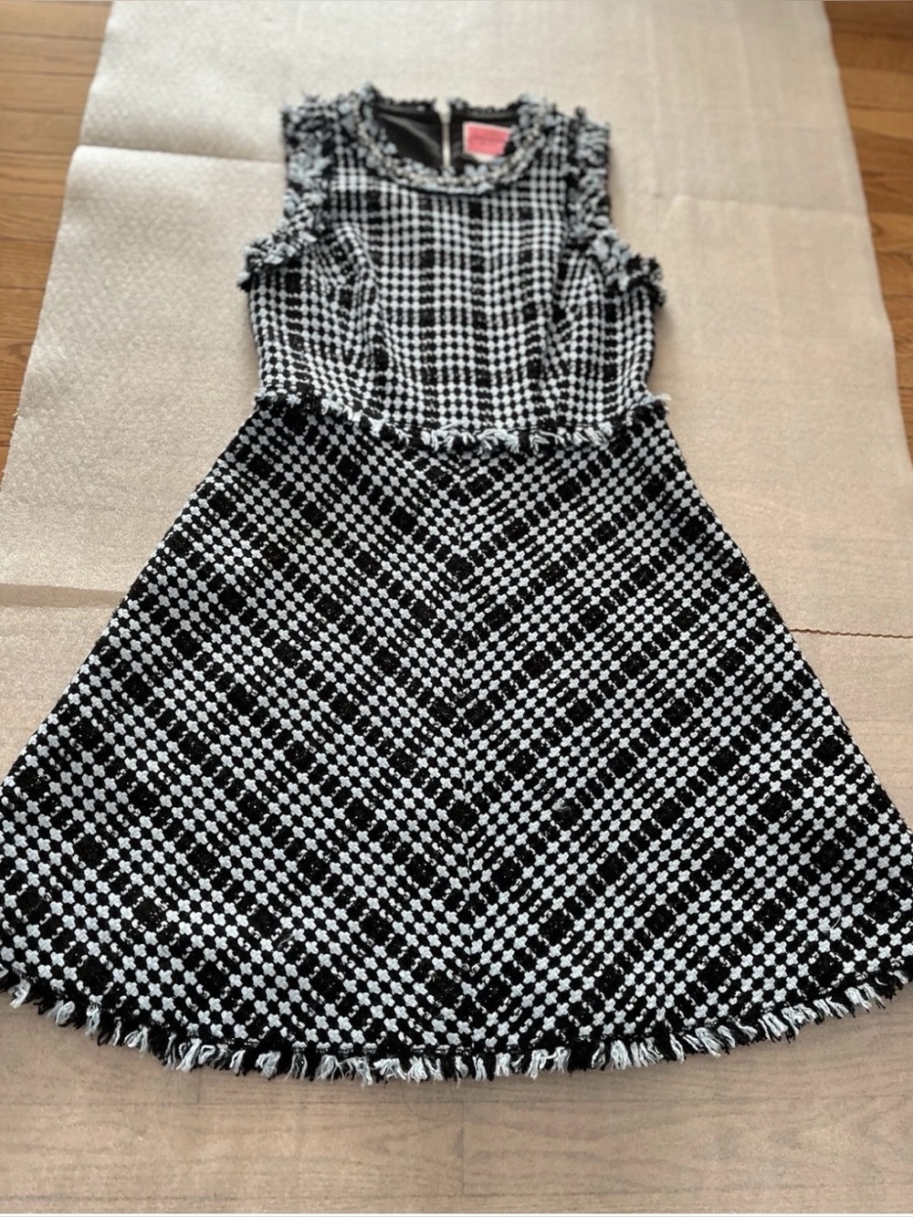 Kate spade Houndstooth Dress Fringe A Shape Crew Neck Embellished metallic